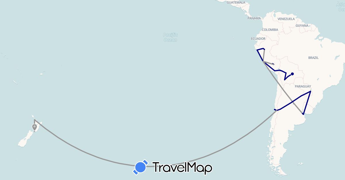 TravelMap itinerary: driving, plane in Argentina, Bolivia, Chile, New Zealand, Peru (Oceania, South America)